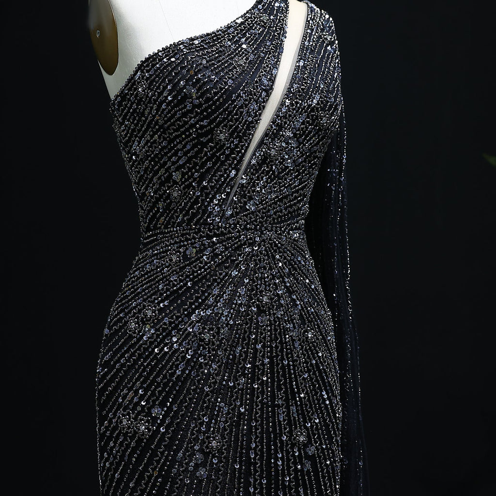 Elegant One Shoulder Beaded Mermaid Black Evening Gown with Flowing Cape SS317