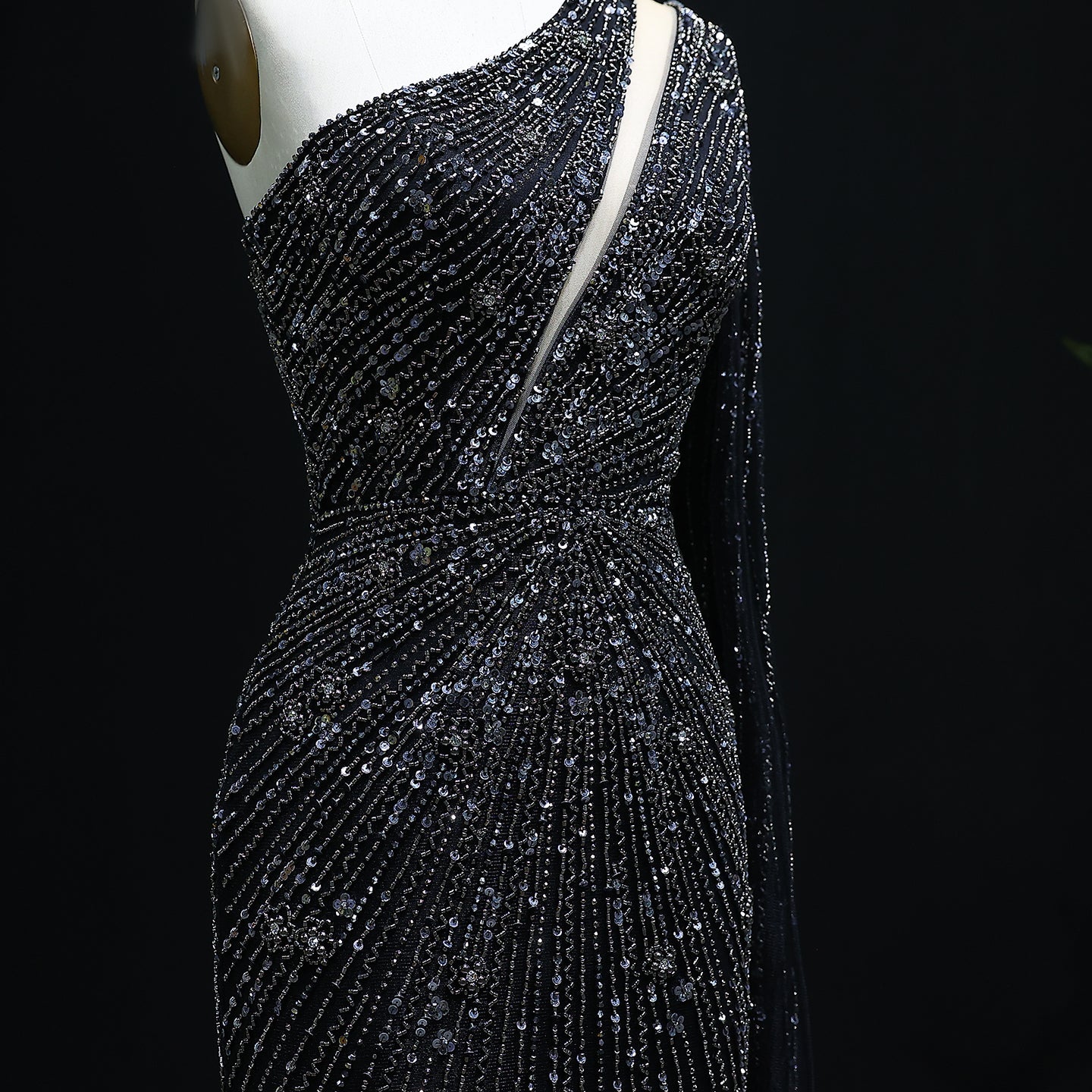 Elegant One Shoulder Beaded Mermaid Black Evening Gown with Flowing Cape SS317