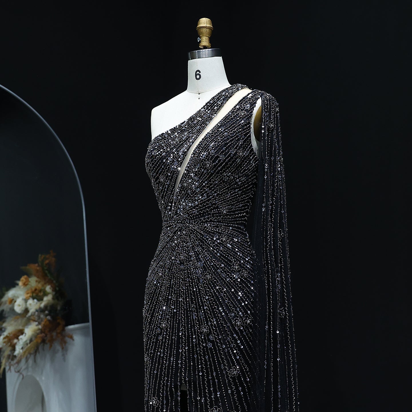 Elegant One Shoulder Beaded Mermaid Black Evening Gown with Flowing Cape SS317