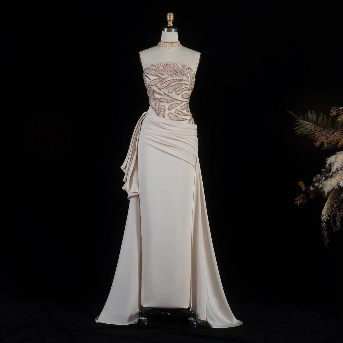 Luxury Beige Strapless Beaded Evening Dress with Overskirt and Scarf SS242