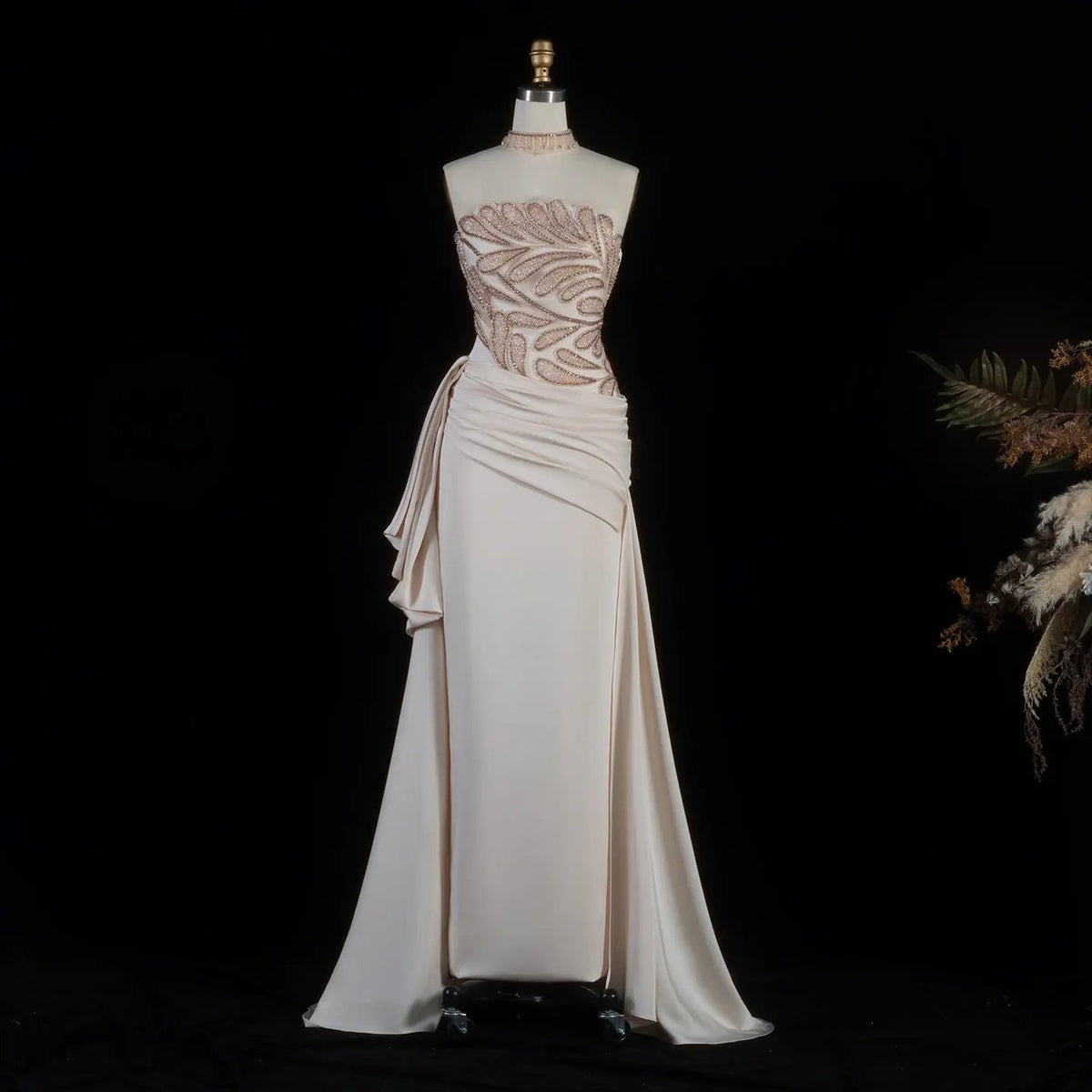 Luxury Beige Strapless Beaded Evening Dress with Overskirt and Scarf SS242