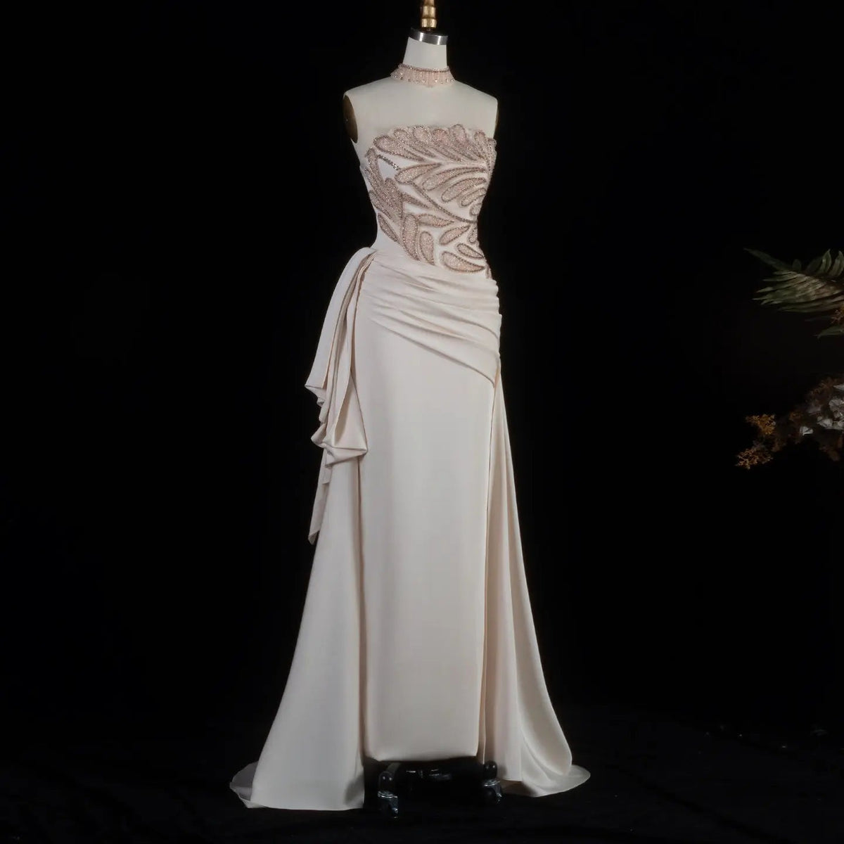 Luxury Beige Strapless Beaded Evening Dress with Overskirt and Scarf SS242