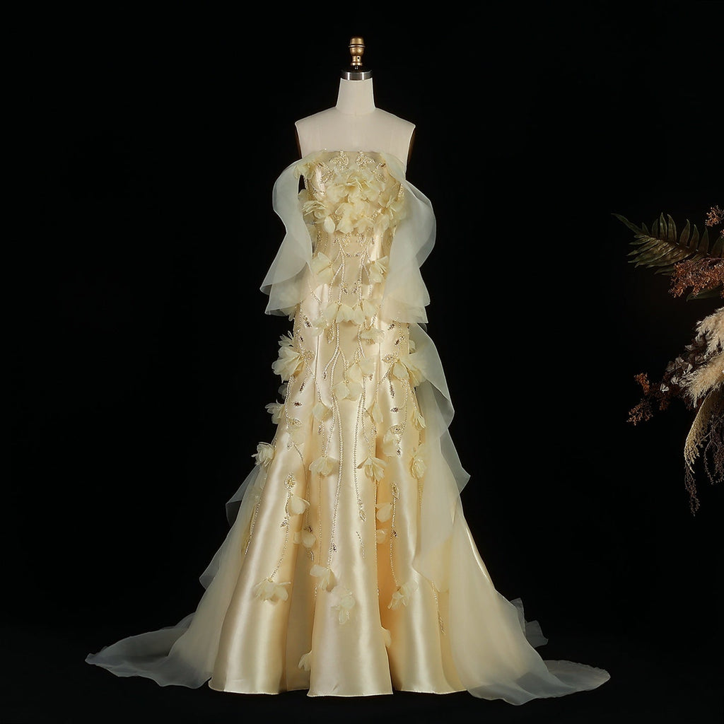 Elegant Yellow Off-the-Shoulder 3D Floral Evening Dress SS505