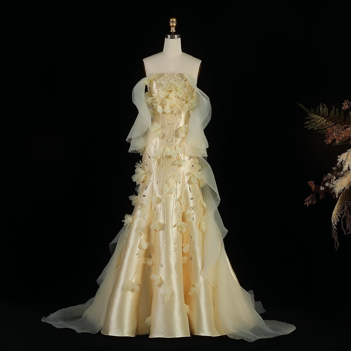 Elegant Yellow Off-the-Shoulder 3D Floral Evening Dress SS505