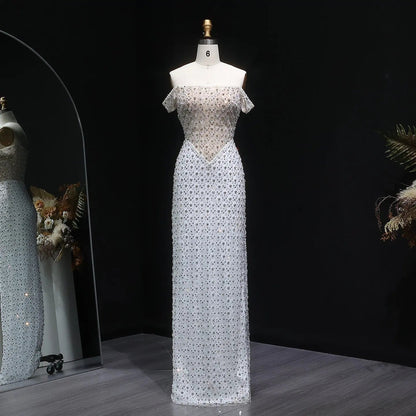 Glamorous Stunning White Sequin Beaded Off-Shoulder Evening Dress SS610
