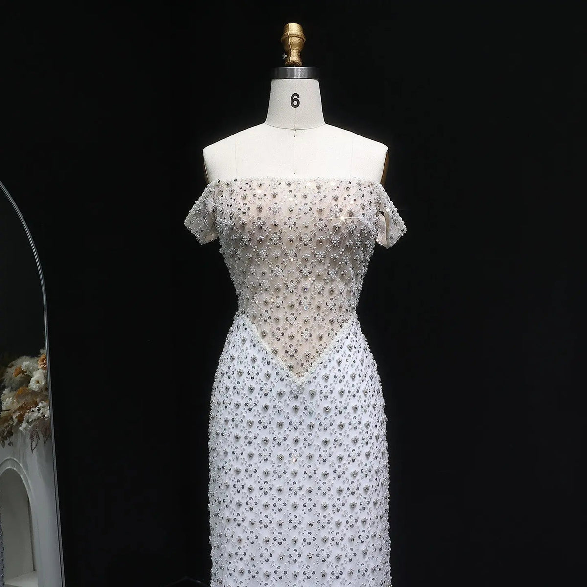 Glamorous Stunning White Sequin Beaded Off-Shoulder Evening Dress SS610