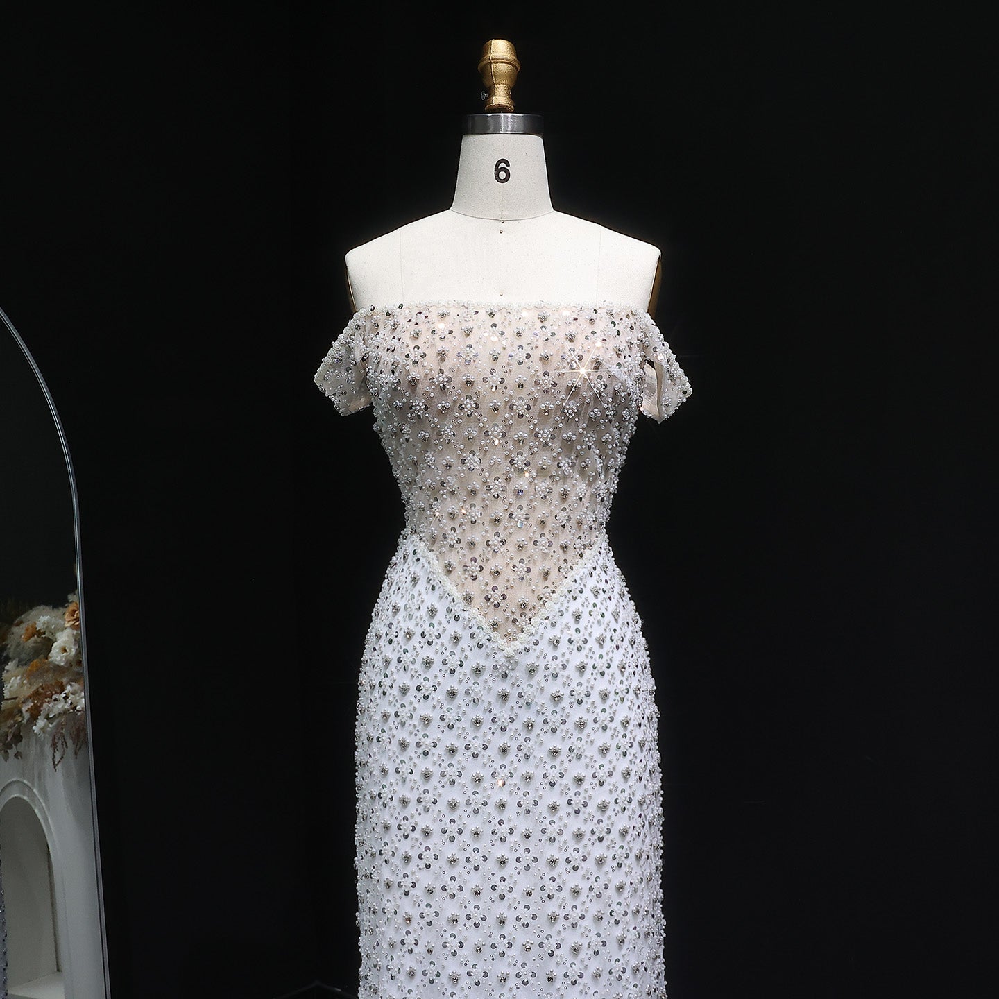 Stunning White Sequin Beaded Off-Shoulder Evening Dress SS610