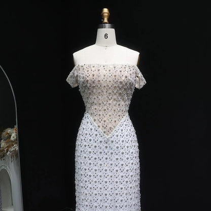 Glamorous Stunning White Sequin Beaded Off-Shoulder Evening Dress SS610