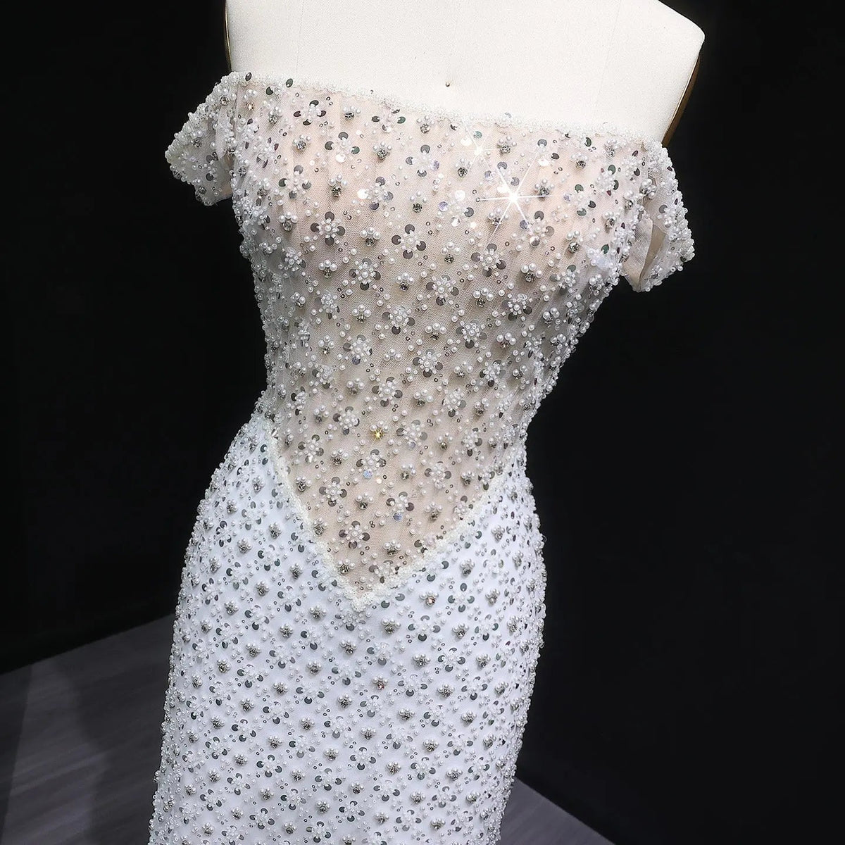 Glamorous Stunning White Sequin Beaded Off-Shoulder Evening Dress SS610