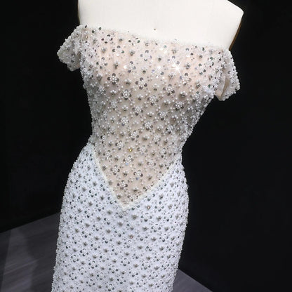 Glamorous Stunning White Sequin Beaded Off-Shoulder Evening Dress SS610