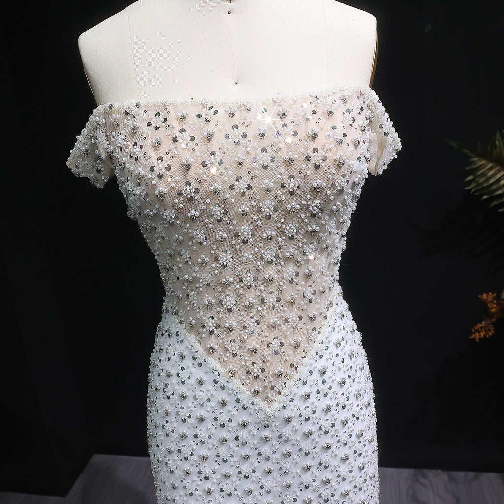 Stunning White Sequin Beaded Off-Shoulder Evening Dress SS610