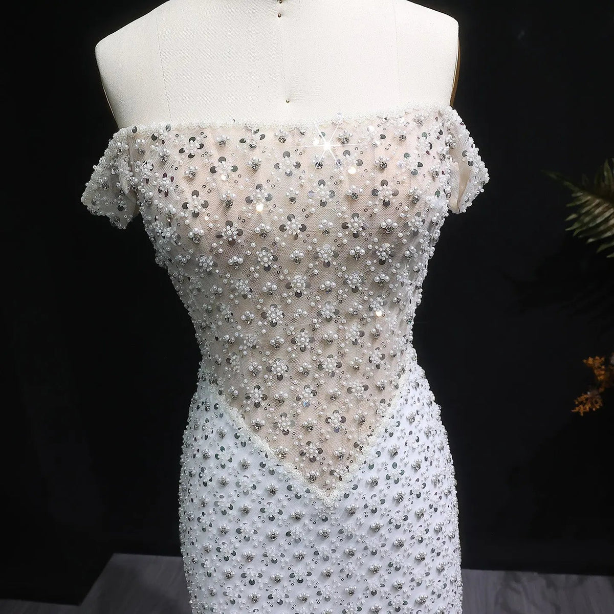 Glamorous Stunning White Sequin Beaded Off-Shoulder Evening Dress SS610