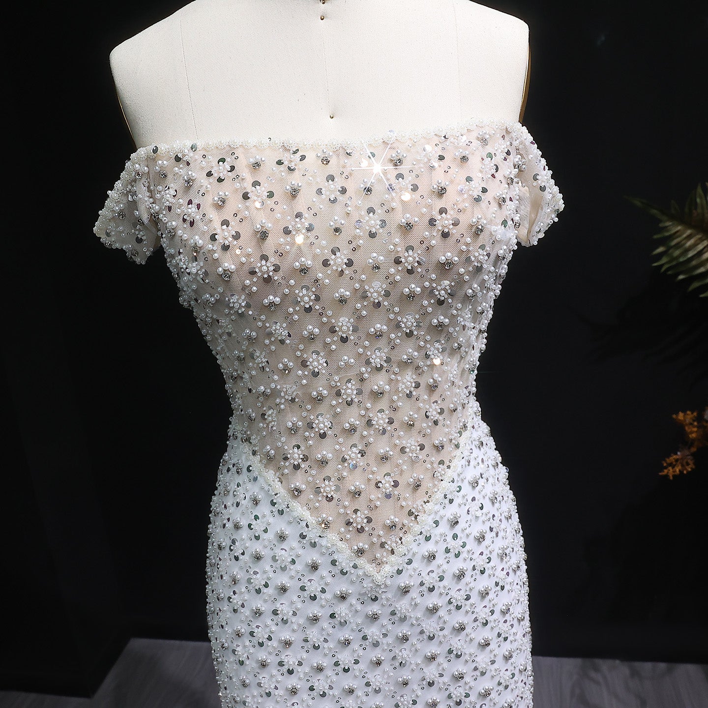 Stunning White Sequin Beaded Off-Shoulder Evening Dress SS610