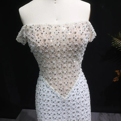 Glamorous Stunning White Sequin Beaded Off-Shoulder Evening Dress SS610
