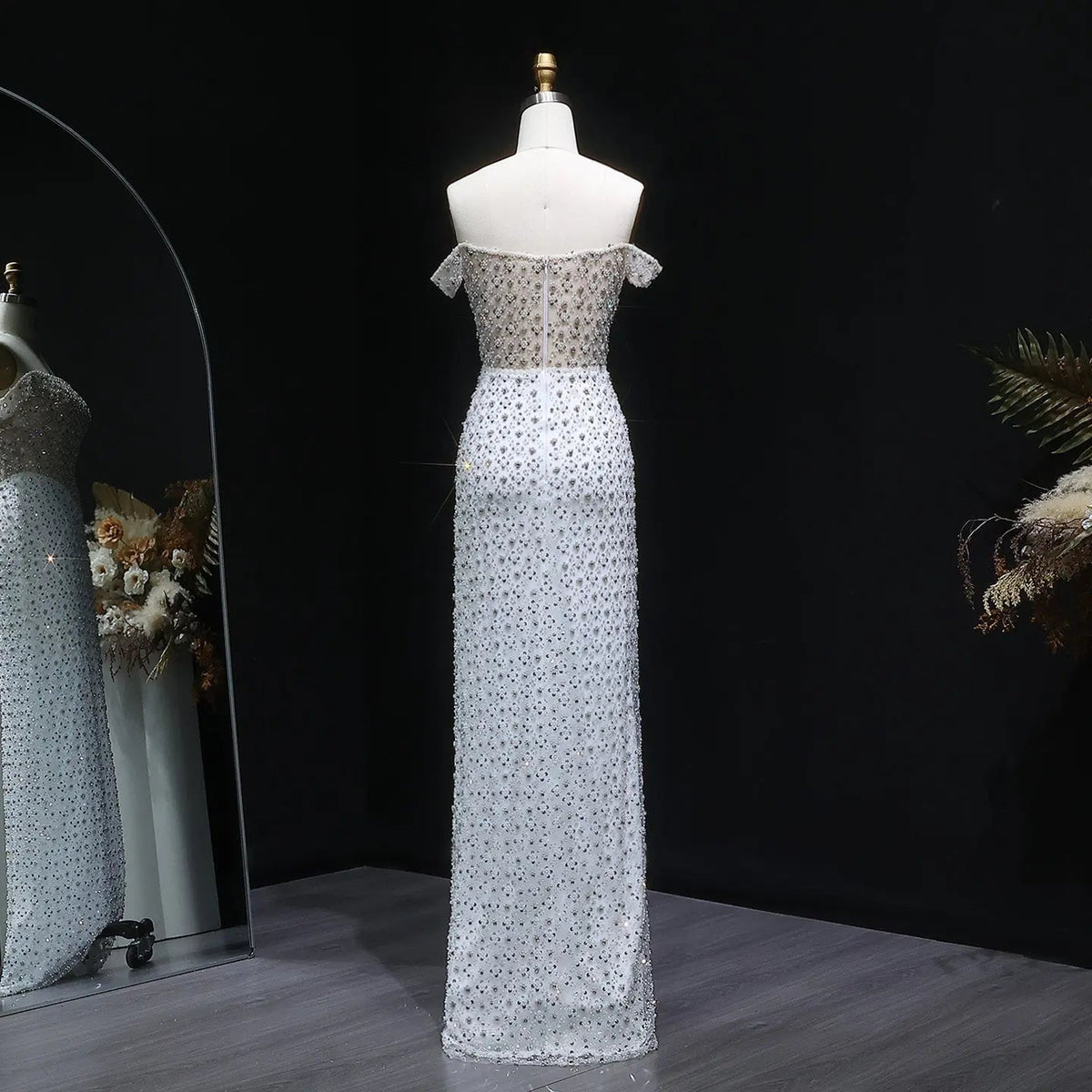 Glamorous Stunning White Sequin Beaded Off-Shoulder Evening Dress SS610
