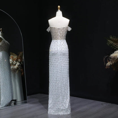 Glamorous Stunning White Sequin Beaded Off-Shoulder Evening Dress SS610