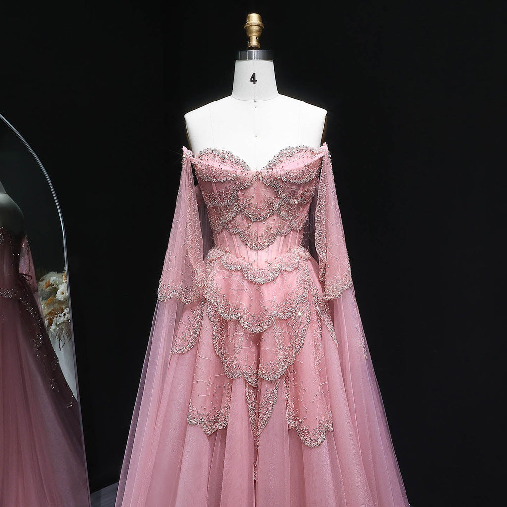 Gorgeous Beaded Sage Green Evening Dress with Cape Sleeves SS215