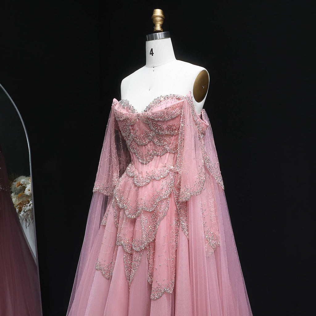 Gorgeous Beaded Sage Green Evening Dress with Cape Sleeves SS215