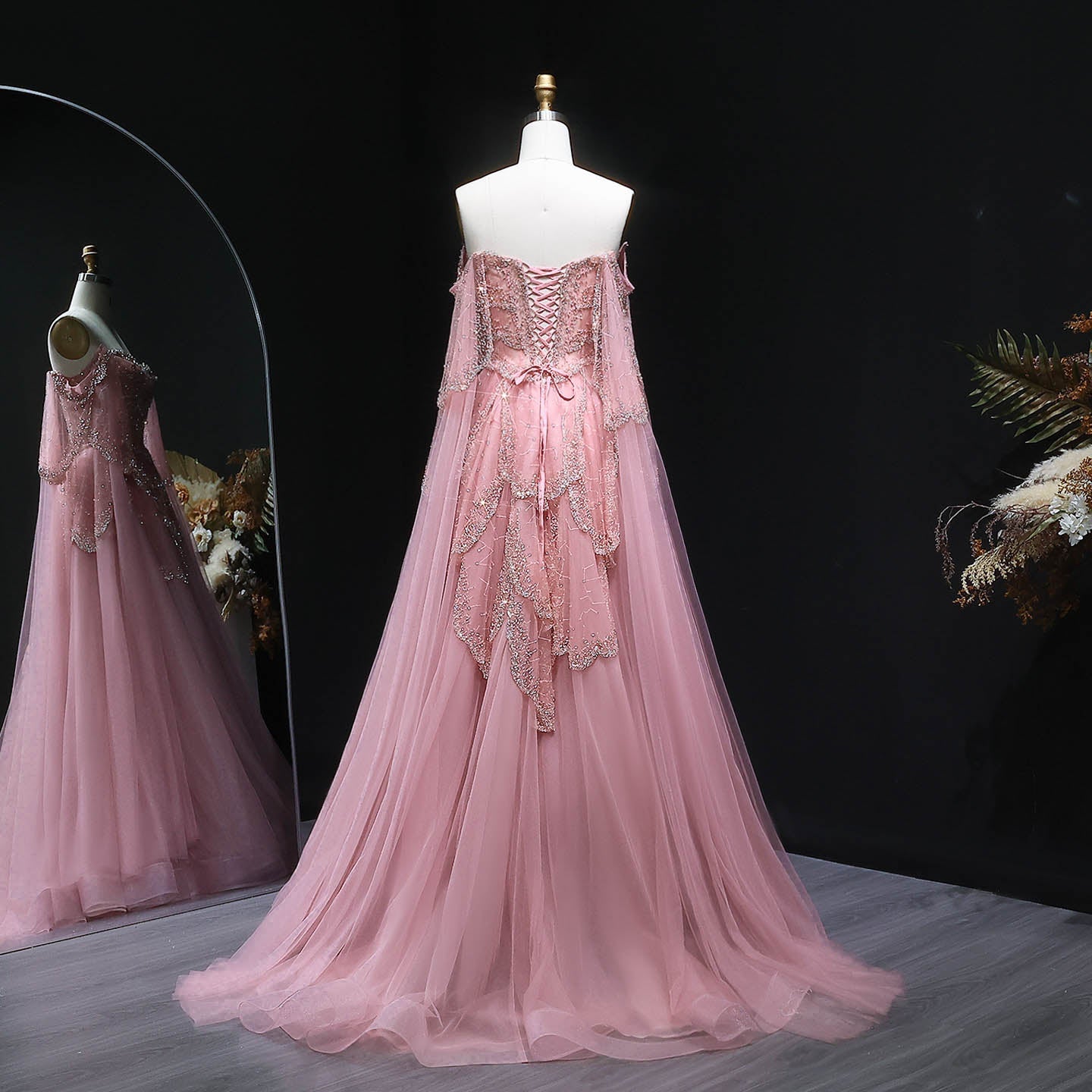 Gorgeous Beaded Sage Green Evening Dress with Cape Sleeves SS215