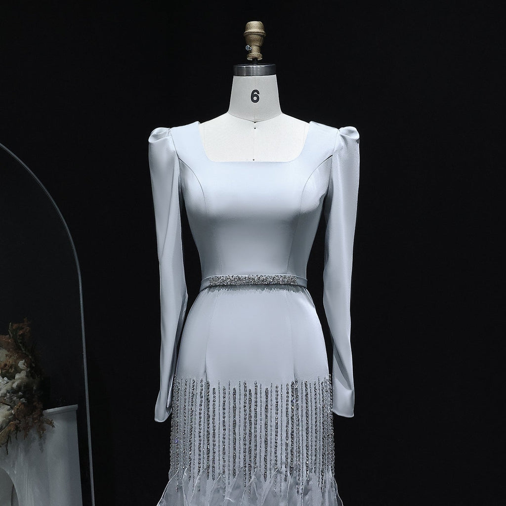 Luxury Gray Crystal Ruffled Long Sleeve Evening Dress XD039