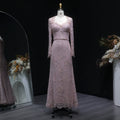 Luxury Nude Pink Lace Beaded Long Sleeve Fitted Evening Dress SF405