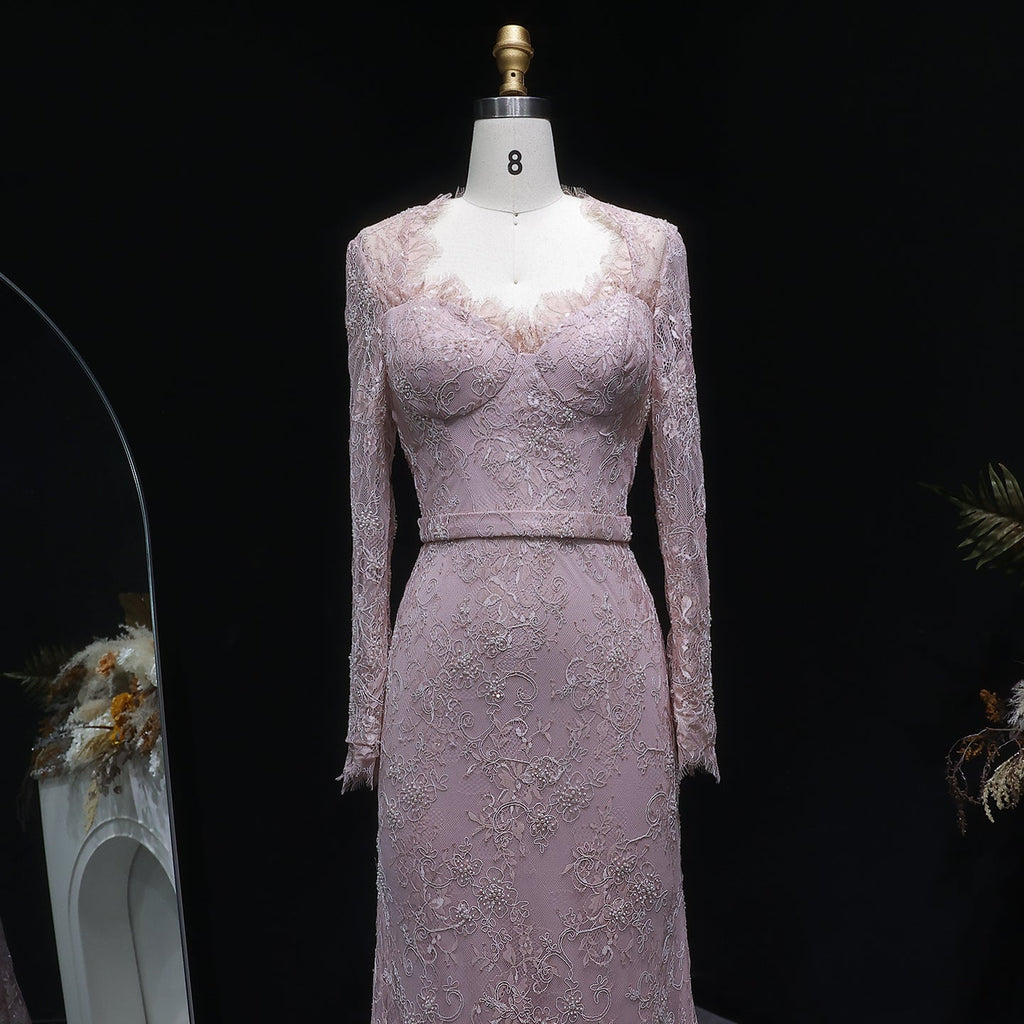Luxury Nude Pink Lace Beaded Long Sleeve Fitted Evening Dress SF405