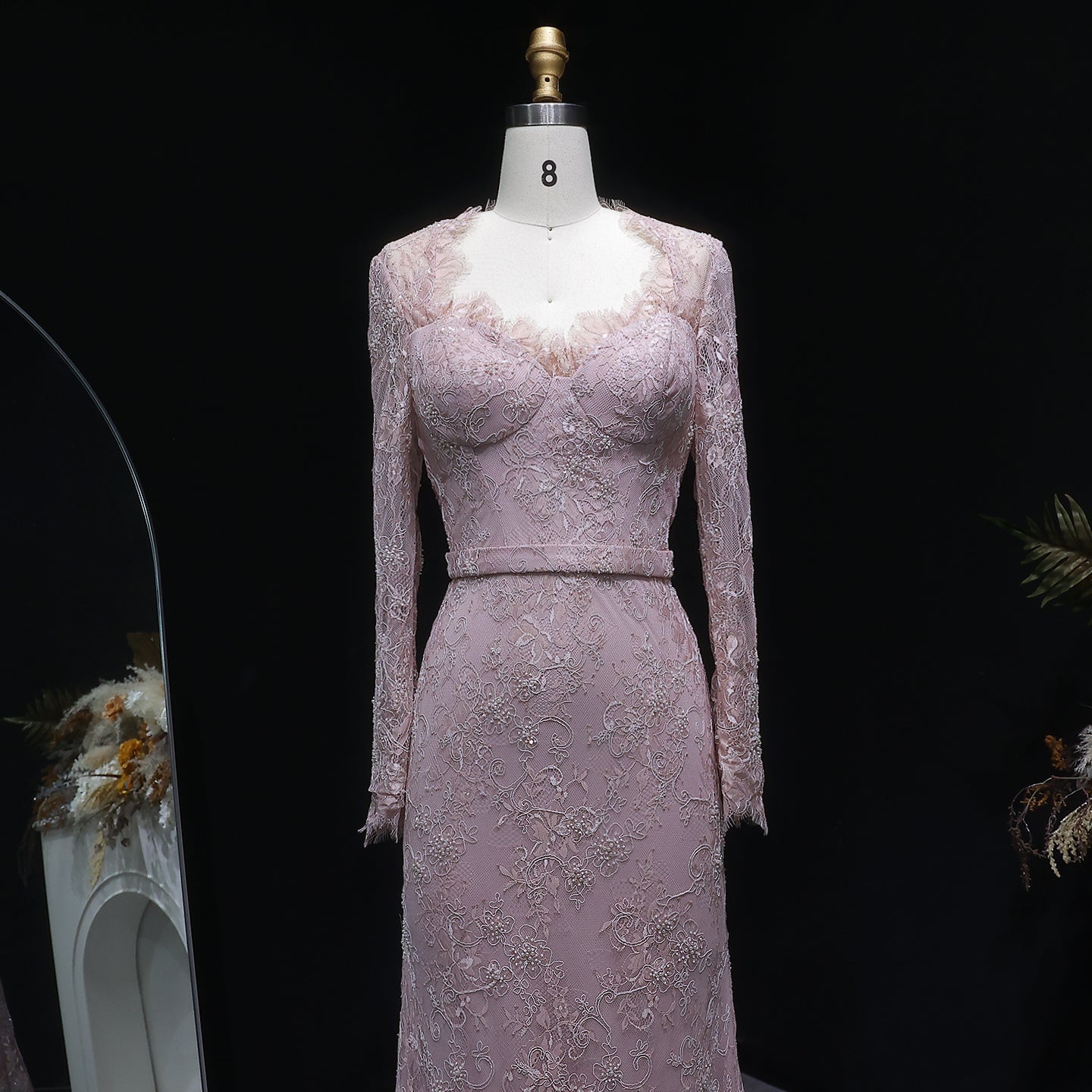 Luxury Nude Pink Lace Beaded Long Sleeve Fitted Evening Dress SF405