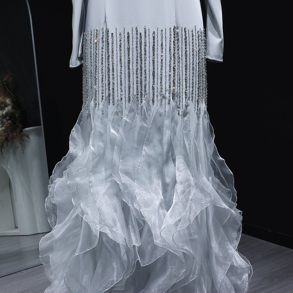Luxury Gray Crystal Ruffled Long Sleeve Evening Dress XD039