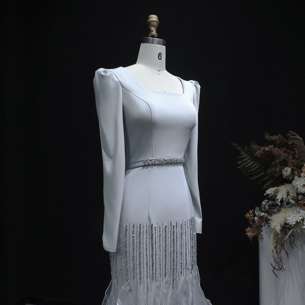 Luxury Gray Crystal Ruffled Long Sleeve Evening Dress XD039