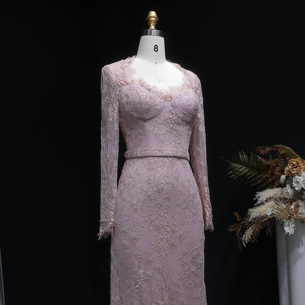 Luxury Nude Pink Lace Beaded Long Sleeve Fitted Evening Dress SF405