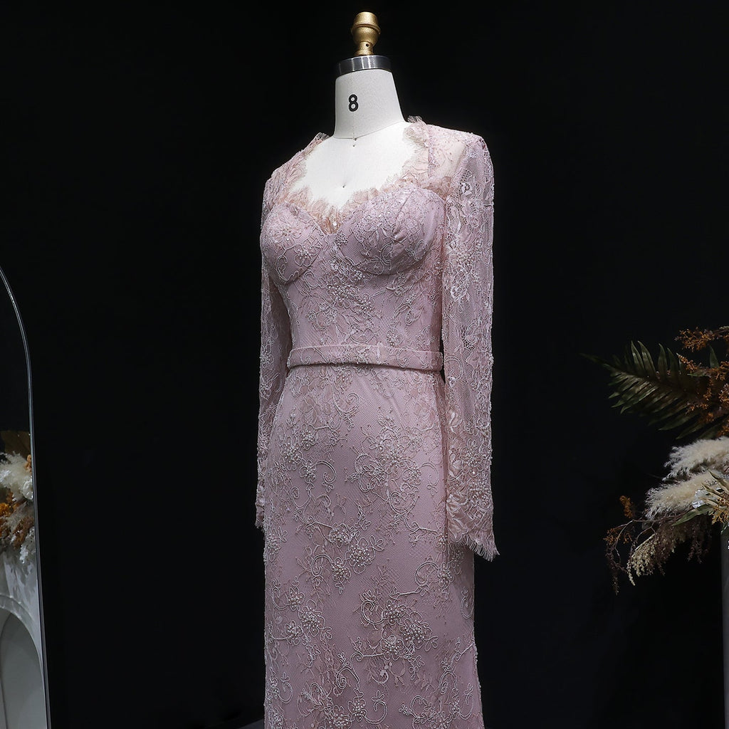 Luxury Nude Pink Lace Beaded Long Sleeve Fitted Evening Dress SF405