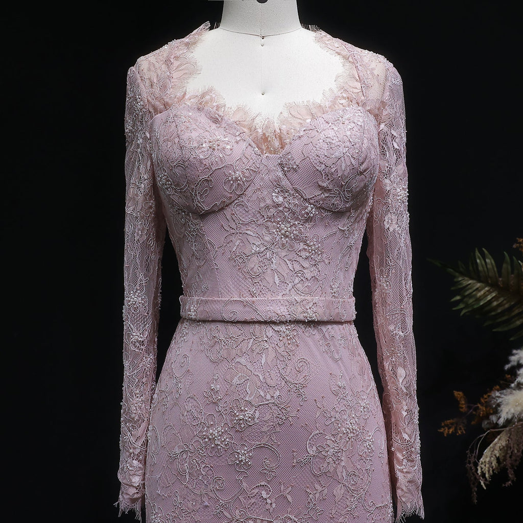 Luxury Nude Pink Lace Beaded Long Sleeve Fitted Evening Dress SF405