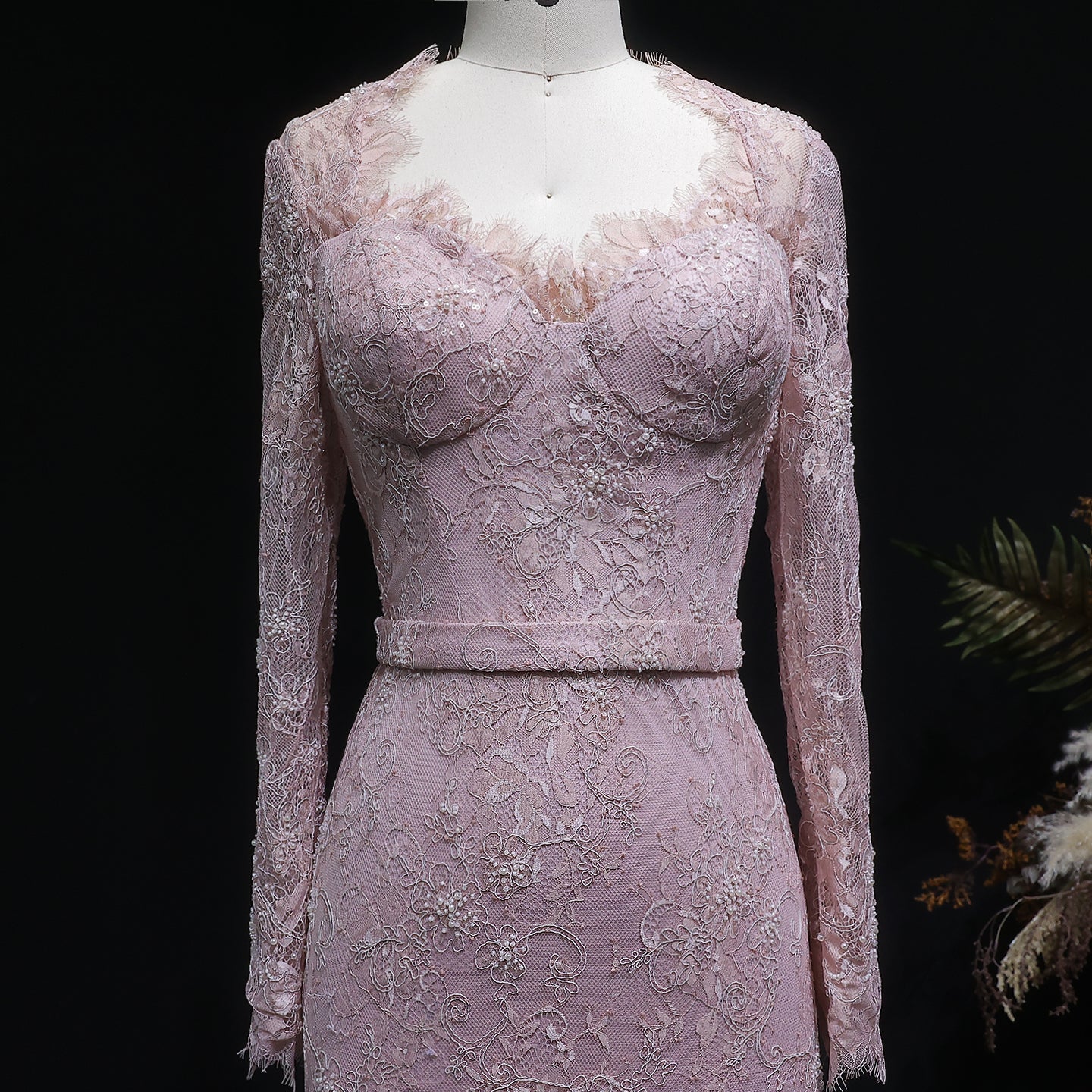 Luxury Nude Pink Lace Beaded Long Sleeve Fitted Evening Dress SF405