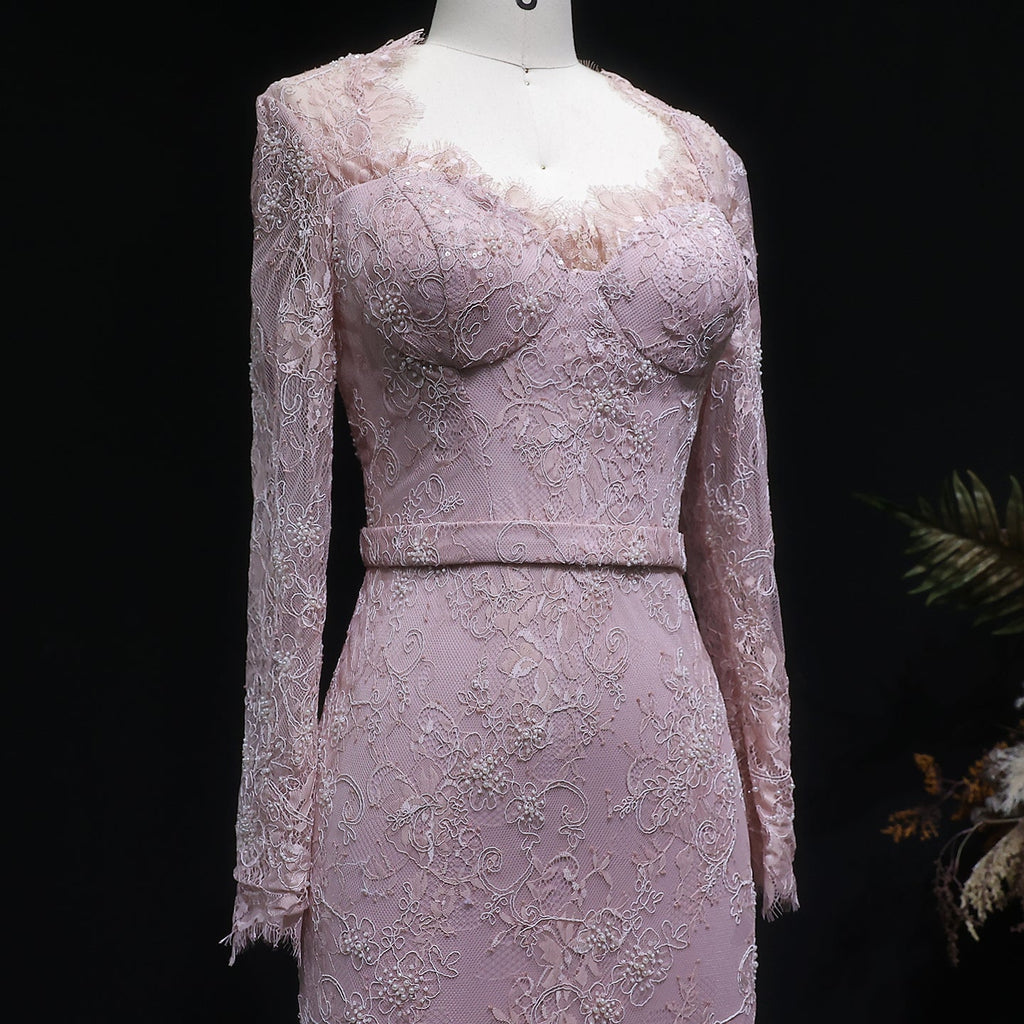 Luxury Nude Pink Lace Beaded Long Sleeve Fitted Evening Dress SF405