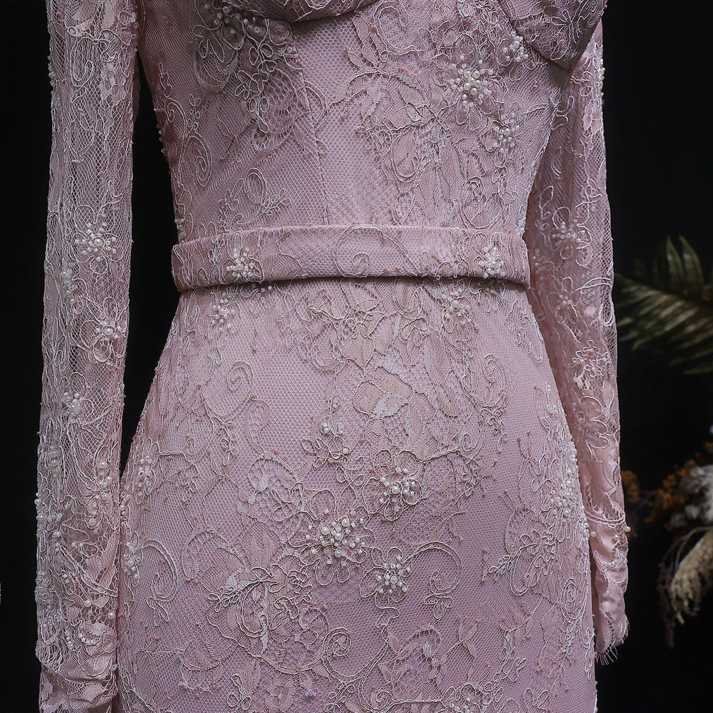 Luxury Nude Pink Lace Beaded Long Sleeve Fitted Evening Dress SF405