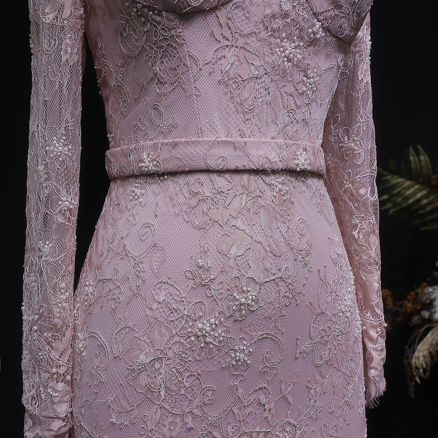 Luxury Nude Pink Lace Beaded Long Sleeve Fitted Evening Dress SF405