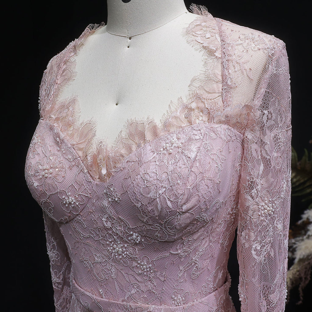 Luxury Nude Pink Lace Beaded Long Sleeve Fitted Evening Dress SF405