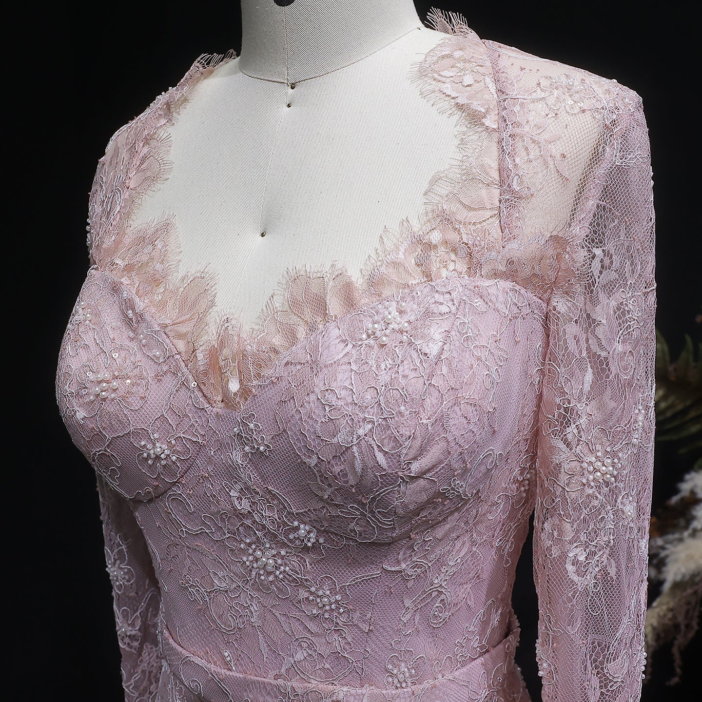 Luxury Nude Pink Lace Beaded Long Sleeve Fitted Evening Dress SF405