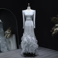 Luxury Gray Crystal Ruffled Long Sleeve Evening Dress XD039
