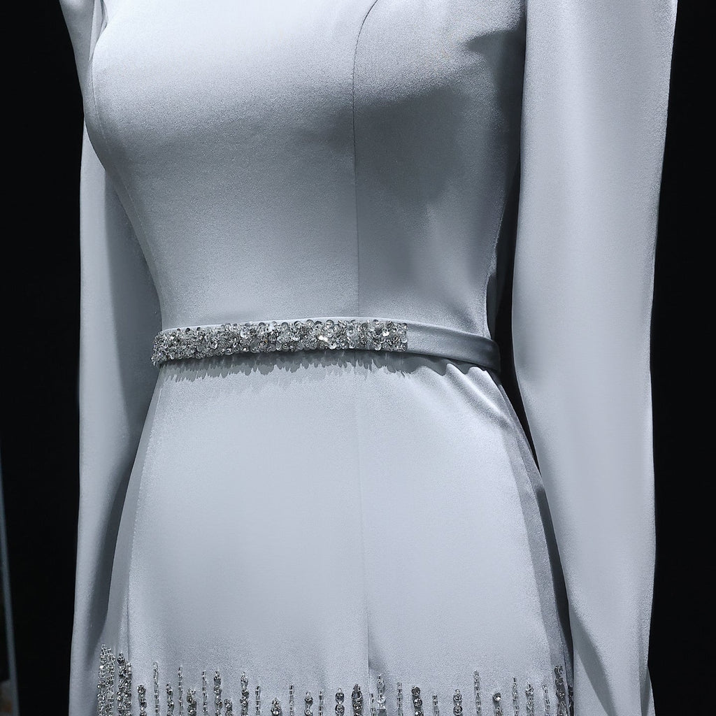 Luxury Gray Crystal Ruffled Long Sleeve Evening Dress XD039