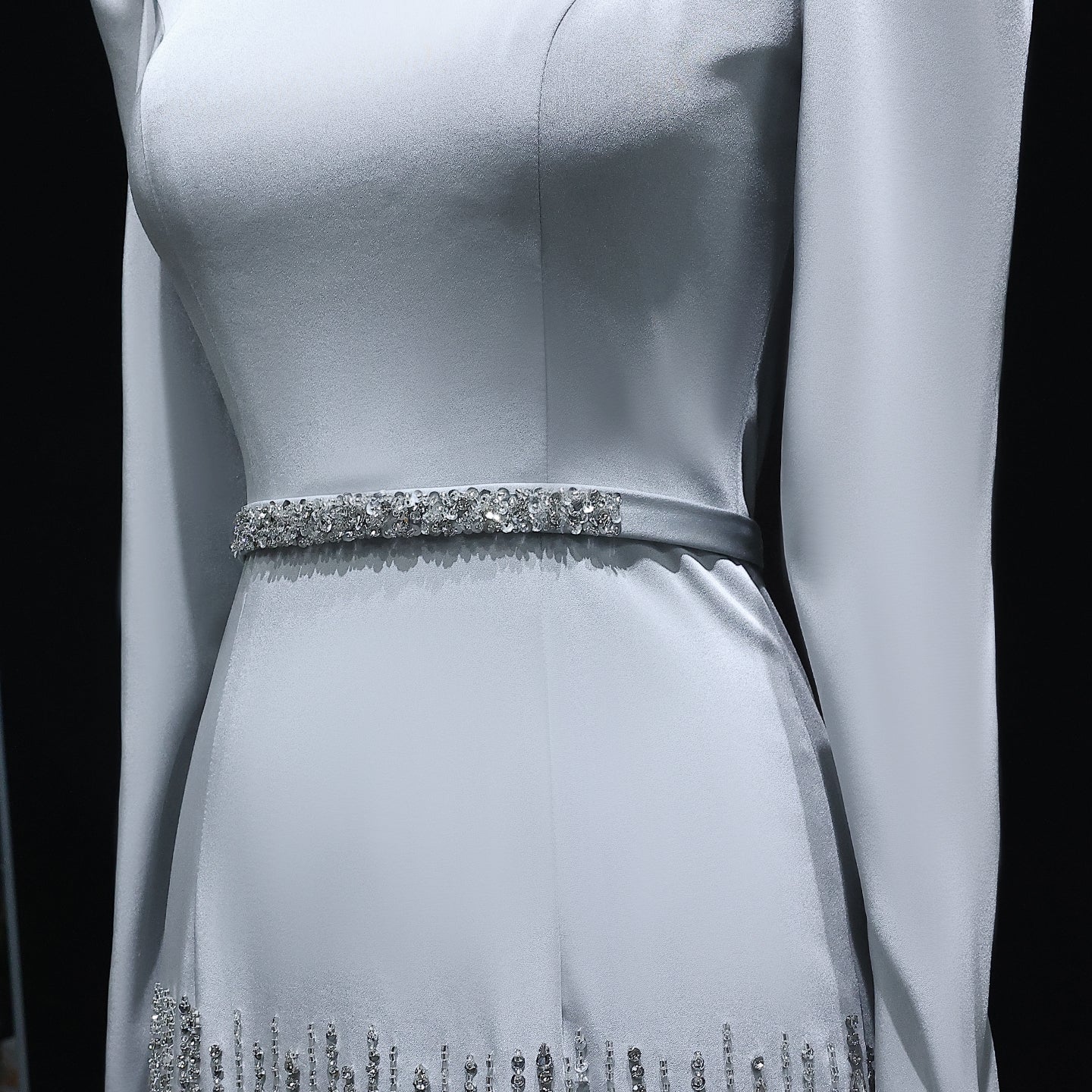 Luxury Gray Crystal Ruffled Long Sleeve Evening Dress XD039