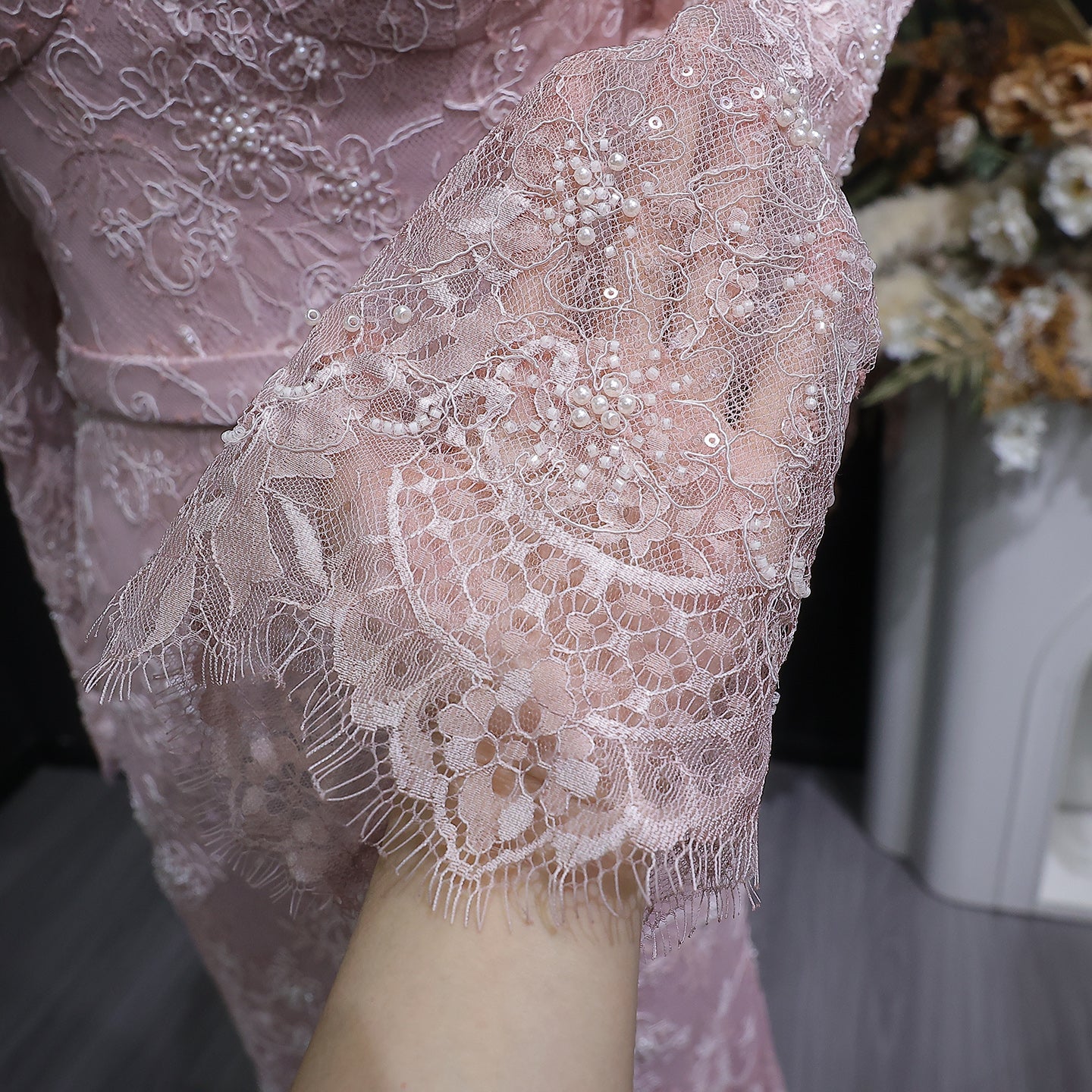 Luxury Nude Pink Lace Beaded Long Sleeve Fitted Evening Dress SF405