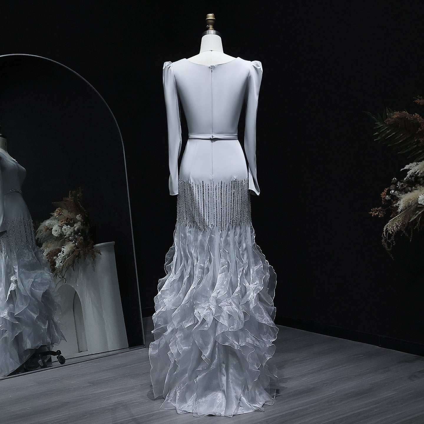 Luxury Gray Crystal Ruffled Long Sleeve Evening Dress XD039