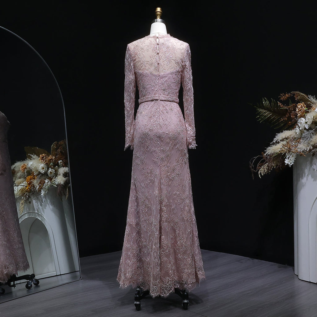 Luxury Nude Pink Lace Beaded Long Sleeve Fitted Evening Dress SF405