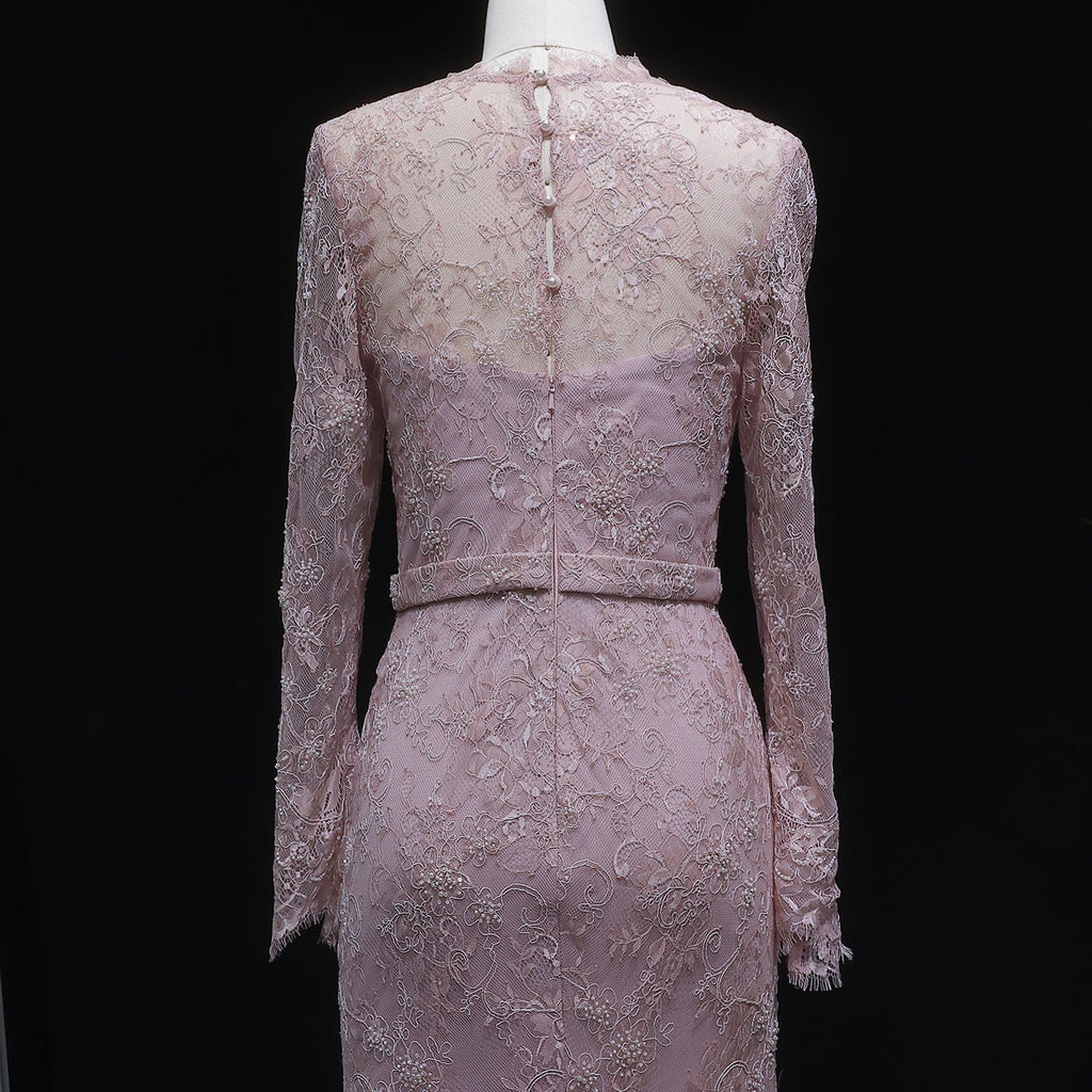 Luxury Nude Pink Lace Beaded Long Sleeve Fitted Evening Dress SF405