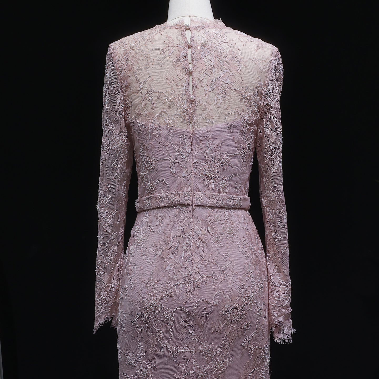 Luxury Nude Pink Lace Beaded Long Sleeve Fitted Evening Dress SF405