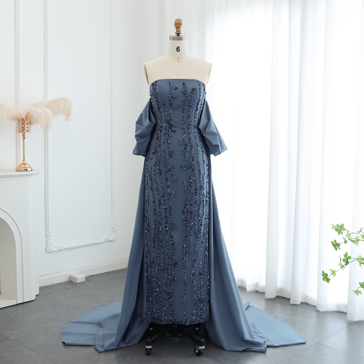 Luxury Beaded Blue Strapless Sheath Evening Dress with Cape SS454