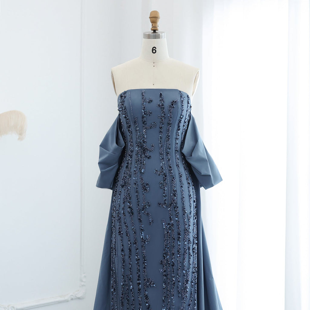 Luxury Beaded Blue Strapless Sheath Evening Dress with Cape SS454