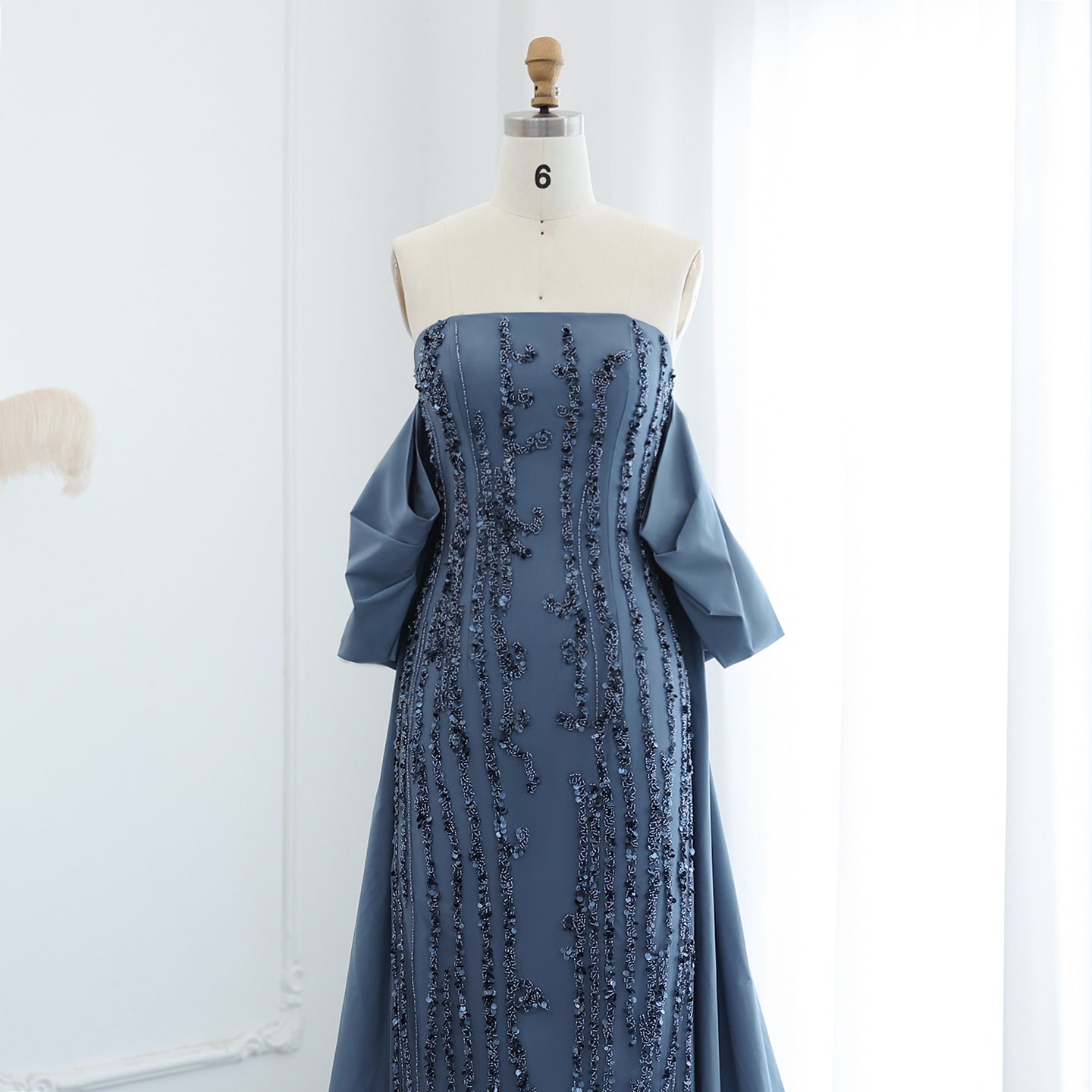 Luxury Beaded Blue Strapless Sheath Evening Dress with Cape SS454