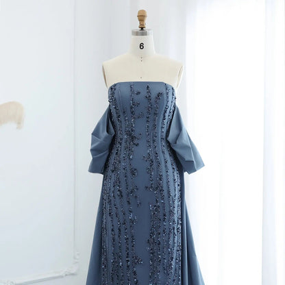 Luxury Blue Strapless Evening Dress with Cape SS454